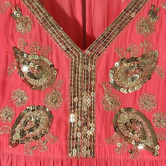 CALYPSO St. Barth Coral & Gold Maxi Dress Embroidered Sequin Sz XS DAMAGED - Picture 3 of 16